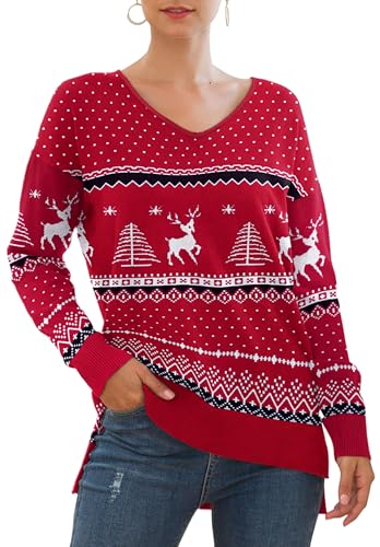 Yommay Christma Pullover für Damen mit V-Ausschnitt Leichtgewicht Langärmeliger Elegant Knitted Sweater Strickpullover Warme Fashion für Winter,Christma Weinrot,3XL von Yommay