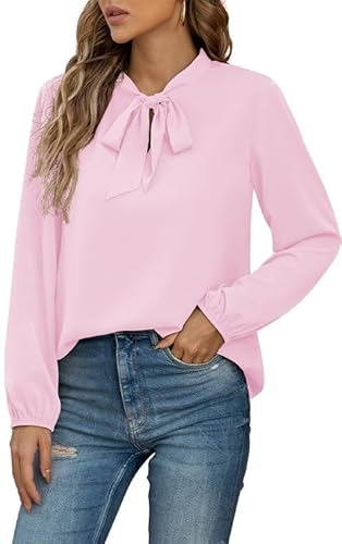 Yommay Damen Bluse Elegant Langarm Tunika T-Shirt Krawatte Hals Flowy Chiffon Oberteile für Frauen Herbst Mode,Hellrosa,L von Yommay