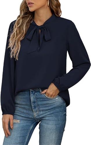 Yommay Damen Bluse Elegant Langarm Tunika T-Shirt Krawatte Hals Flowy Chiffon Oberteile für Frauen Herbst Mode,Marineblau,L von Yommay