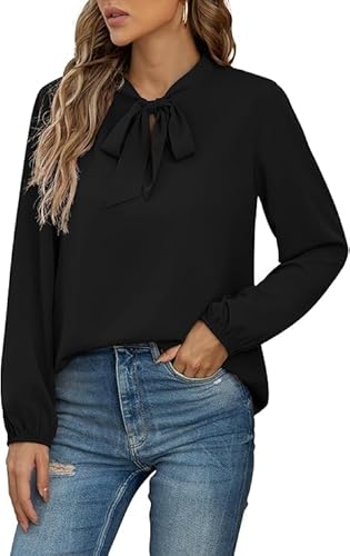 Yommay Damen Bluse Elegant Langarm Tunika T-Shirt Krawatte Hals Flowy Chiffon Oberteile für Frauen Herbst Mode,Schwarz,L von Yommay
