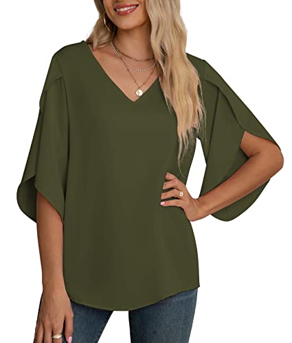 Yommay Damen Bluse Elegant V Ausschnitt Sommer T-Shirts Casual Leicht Chiffon Tunika Kurzarm Tops,Armeegrün,XXL Yommay Damen Bluse Elegant V Ausschnitt Sommer T-Shirts Casual Leicht Chiffon Tunika Kurzarm Tops,Armeegrün,XXL von Yommay