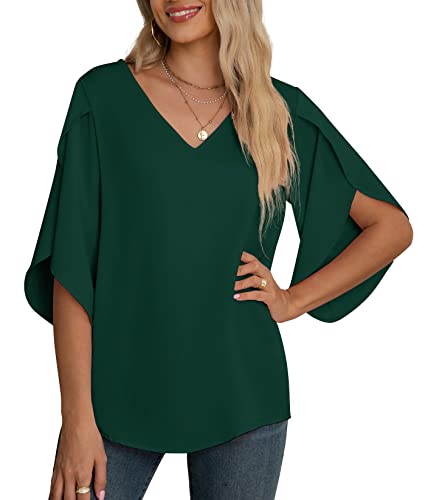 Yommay Damen Bluse Elegant V Ausschnitt Sommer T-Shirts Casual Leicht Chiffon Tunika Kurzarm Tops,Dunkelgrün,XL von Yommay