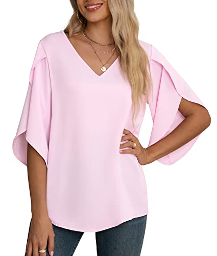 Yommay Damen Bluse Elegant V Ausschnitt Sommer T-Shirts Casual Leicht Chiffon Tunika Kurzarm Tops,Hellrosa,XXL von Yommay