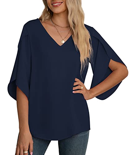 Yommay Damen Bluse Elegant V Ausschnitt Sommer T-Shirts Casual Leicht Chiffon Tunika Kurzarm Tops,Marineblau,XXL Yommay Damen Bluse Elegant V Ausschnitt Sommer T-Shirts Casual Leicht Chiffon Tunika Kurzarm Tops,Marineblau,XXL von Yommay