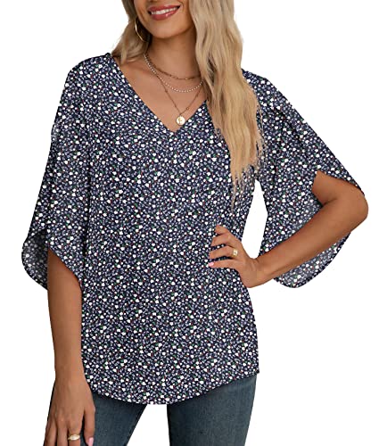 Yommay Damen Bluse Elegant V Ausschnitt Sommer T-Shirts Casual Leicht Chiffon Tunika Kurzarm Tops,SX F Marineblau,M von Yommay