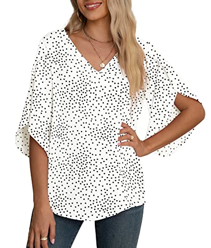 Yommay Damen Bluse Elegant V Ausschnitt Sommer T-Shirts Casual Leicht Chiffon Tunika Kurzarm Tops,Weiß gepunktet,L Yommay Damen Bluse Elegant V Ausschnitt Sommer T-Shirts Casual Leicht Chiffon Tunika Kurzarm Tops,Weiß gepunktet,L von Yommay