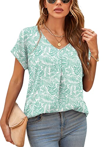 Yommay Damen Bluse Sommer Elegant V-Ausschnitt Tunika Shirt Oberteil Flowy Kurze Ärmel Chiffon Tops,Blätter Print,S von Yommay