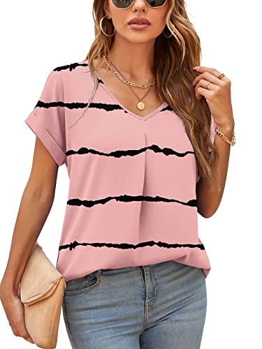 Yommay Damen Bluse Sommer Elegant V-Ausschnitt Tunika Shirt Oberteil Flowy Kurze Ärmel Chiffon Tops,F Pink Streifen,2XL Yommay Damen Bluse Sommer Elegant V-Ausschnitt Tunika Shirt Oberteil Flowy Kurze Ärmel Chiffon Tops,F Pink Streifen,2XL von Yommay