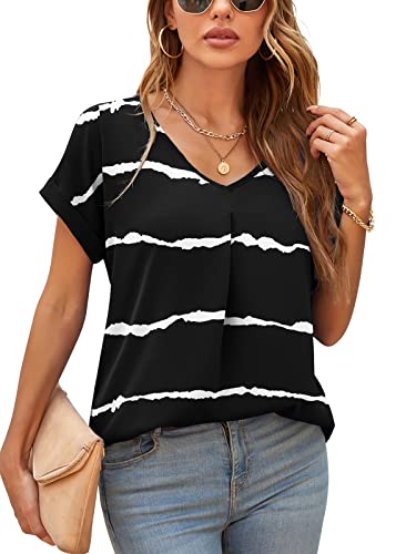 Yommay Damen Bluse Sommer Elegant V-Ausschnitt Tunika Shirt Oberteil Flowy Kurze Ärmel Chiffon Tops,F Schwarze Streifen,S von Yommay
