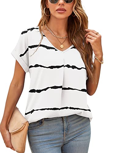 Yommay Damen Bluse Sommer Elegant V-Ausschnitt Tunika Shirt Oberteil Flowy Kurze Ärmel Chiffon Tops,F Weiß Streifen,2XL Yommay Damen Bluse Sommer Elegant V-Ausschnitt Tunika Shirt Oberteil Flowy Kurze Ärmel Chiffon Tops,F Weiß Streifen,2XL von Yommay