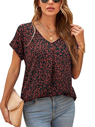 Yommay Damen Bluse Sommer Elegant V-Ausschnitt Tunika Shirt Oberteil Flowy Kurze Ärmel Chiffon Tops,Schwarz-Rot-Leopard,L von Yommay