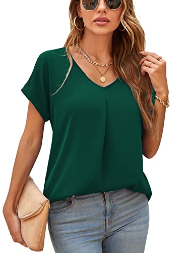 Yommay Damen Bluse Sommer Elegant V-Ausschnitt Tunika Shirt Oberteil Flowy Kurze Ärmel Plus Größe Chiffon Tops,Dunkelgrün,3XL von Yommay