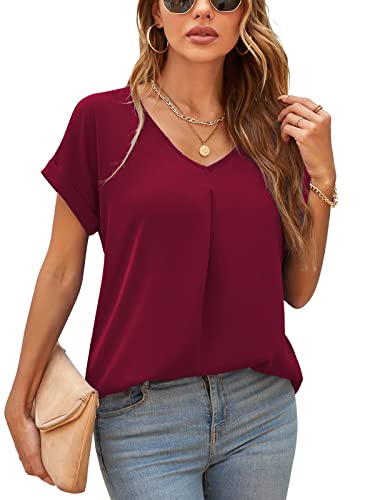 Yommay Damen Bluse Sommer Elegant V-Ausschnitt Tunika Shirt Oberteil Flowy Kurze Ärmel Plus Größe Chiffon Tops,Weinrot,3XL von Yommay