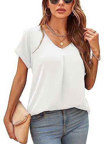 Yommay Damen Bluse Sommer Elegant V-Ausschnitt Tunika Shirt Oberteil Flowy Kurze Ärmel Plus Größe Chiffon Tops,Weiß,3XL Yommay Damen Bluse Sommer Elegant V-Ausschnitt Tunika Shirt Oberteil Flowy Kurze Ärmel Plus Größe Chiffon Tops,Weiß,3XL von Yommay
