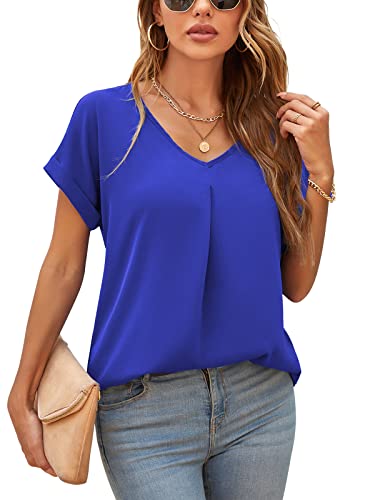 Yommay Damen Bluse Sommer Elegant V-Ausschnitt Tunika Shirt Oberteil Flowy Kurze Ärmel Plus Größe Chiffon Tops,königsblau,3XL von Yommay