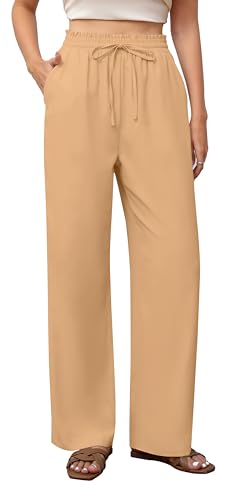 Yommay Damen Hose Business Elegante Leicht Anzughose Locker Casual Dehnbar Hohe Taille Weites Bein Hosen mit Tasche,Aprikose,XL von Yommay
