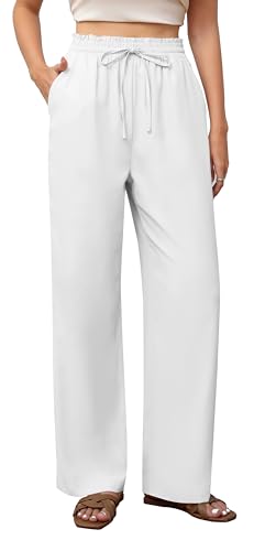 Yommay Damen Hose Business Elegante Leicht Anzughose Locker Casual Dehnbar Hohe Taille Weites Bein Hosen mit Tasche,Weiß,L von Yommay
