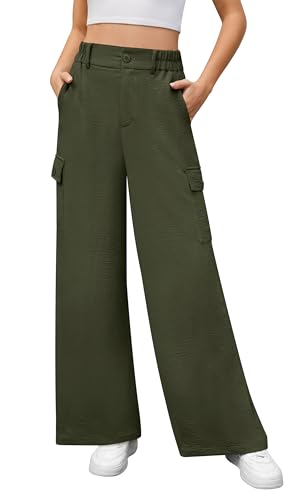 Yommay Damen Hose High Waist Wide Leg Cargo Hose für Frauen Elegant Baggy Locker Sommer Hosen mit Taschen,Armee Grün,L von Yommay