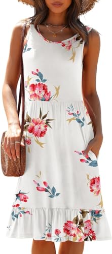 Yommay Damen Kleider Casual Sommerkleid Elegante Hochzeitsgas/Festlich Frauen Drucken Maxikleid Strandkleid mit Taschen,F Weiß,L von Yommay