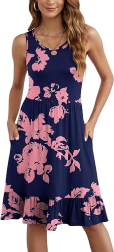 Yommay Damen Kleider Casual Sommerkleid Elegante Hochzeitsgas/Festlich Frauen Drucken Maxikleid Strandkleid mit Taschen,JY Marineblau Rosa,M von Yommay