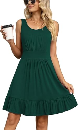 Yommay Damen Sommer Kleider Lässige Mode U-Ausschnitt Kurze Kleid Ärmelloses Strandkleid Elegant Midikleid,Dunkelgrün,L von Yommay