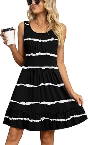 Yommay Damen Sommer Kleider Lässige Mode U-Ausschnitt Kurze Kleid Ärmelloses Strandkleid Elegant Midikleid,F Gestreift Schwarz,M von Yommay