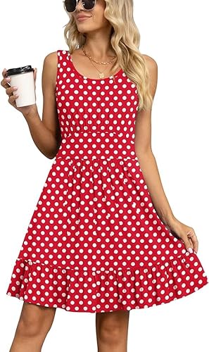 Yommay Damen Sommer Kleider Lässige Mode U-Ausschnitt Kurze Kleid Ärmelloses Strandkleid Elegant Midikleid,F Rot gepunktet,XL von Yommay