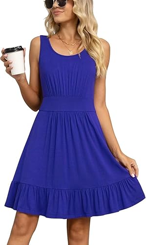 Yommay Damen Sommer Kleider Lässige Mode U-Ausschnitt Kurze Kleid Ärmelloses Strandkleid Elegant Midikleid,Königsblau,3XL von Yommay