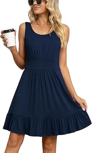 Yommay Damen Sommer Kleider Lässige Mode U-Ausschnitt Kurze Kleid Ärmelloses Strandkleid Elegant Midikleid,Marineblau,XXL von Yommay