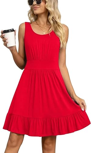 Yommay Damen Sommer Kleider Lässige Mode U-Ausschnitt Kurze Kleid Ärmelloses Strandkleid Elegant Midikleid,Rot,XL von Yommay