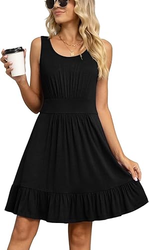 Yommay Damen Sommer Kleider Lässige Mode U-Ausschnitt Kurze Kleid Ärmelloses Strandkleid Elegant Midikleid,Schwarz,S von Yommay