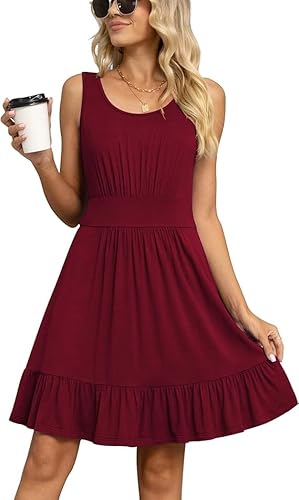 Yommay Damen Sommer Kleider Lässige Mode U-Ausschnitt Kurze Kleid Ärmelloses Strandkleid Elegant Midikleid,Weinrot,L von Yommay