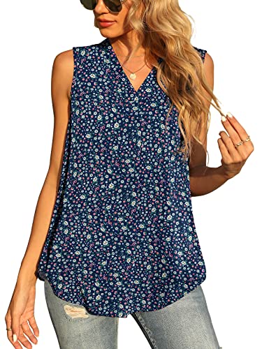 Yommay Damen Sommer ärmellose Westen Damen Chiffon Tank Tops Bluse lose lässig V Hals Blusen Shirts,Blume Navy Blau,M EU von Yommay