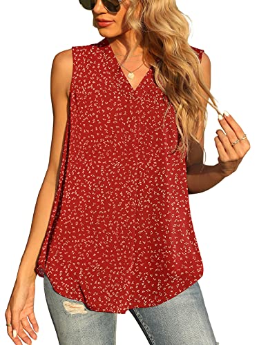 Yommay Damen Sommer ärmellose Westen Damen Chiffon Tank Tops Bluse lose lässig V Hals Blusen Shirts,Blume Weinrot,M EU von Yommay