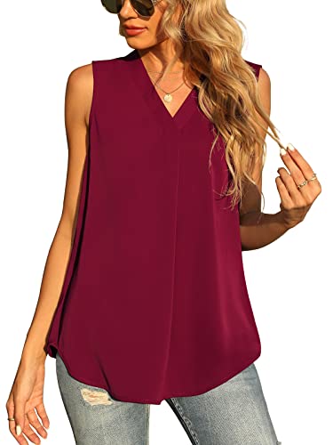 Yommay Damen Sommer ärmellose Westen Damen Chiffon Tank Tops Bluse lose lässig V Hals Blusen Shirts,Burgundisch,L EU von Yommay