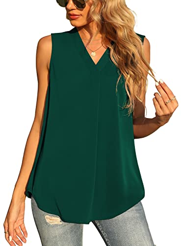 Yommay Damen Sommer ärmellose Westen Damen Chiffon Tank Tops Bluse lose lässig V Hals Blusen Shirts,Dunkelgrün,L EU von Yommay