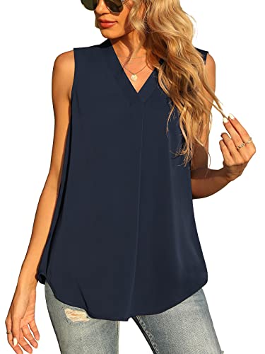 Yommay Damen Sommer ärmellose Westen Damen Chiffon Tank Tops Bluse lose lässig V Hals Blusen Shirts,Navy Blau,M EU von Yommay