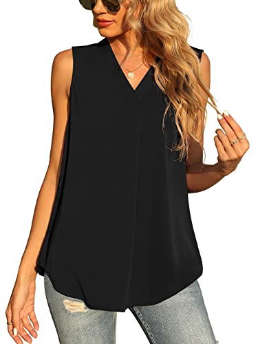 Yommay Damen Sommer ärmellose Westen Damen Chiffon Tank Tops Bluse lose lässig V Hals Blusen Shirts,Schwarz,S EU von Yommay