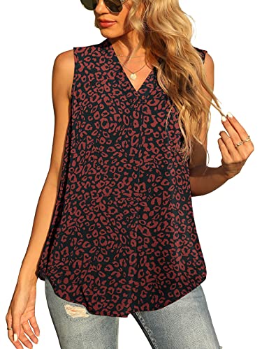 Yommay Damen Sommer ärmellose Westen Damen Chiffon Tank Tops Bluse lose lässig V Hals Blusen Shirts,Schwarz-Rot-Leopard,XL EU von Yommay