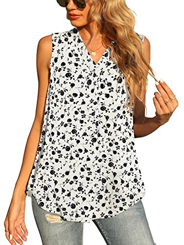 Yommay Damen Sommer ärmellose Westen Damen Chiffon Tank Tops Bluse lose lässig V Hals Blusen Shirts,Weiße Rose,L EU von Yommay