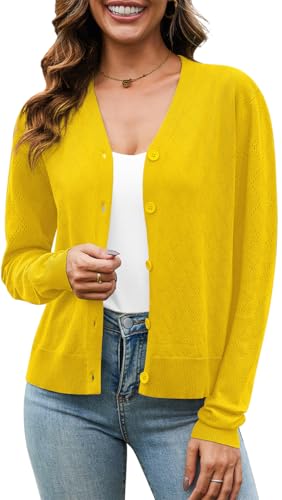 Yommay Damen Strickjacke Elegante V-Ausschnitt Cutout Leichte Atmungsaktiv Open Front Sommer Langärmelig Cardigans,Gelb,XL von Yommay