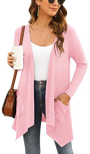 Yommay Damen Strickjacke Elegantes lässiges langärmeliges Top mit Taschen Leichte Cardigan Winterjacke,Rosa,Mittel von Yommay