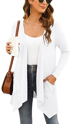 Yommay Damen Strickjacke Elegantes lässiges langärmeliges Top mit Taschen Leichte Cardigan Winterjacke,Weiß,Mittel von Yommay
