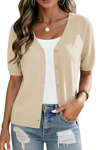Yommay Damen Strickjacke Kurzarm Sommer Shrugs Vorne Offener Cardigans V-Ausschnitt Leichte Elegante Tops Lässig Damen Strickjacken Kurz,Aprikose,S von Yommay