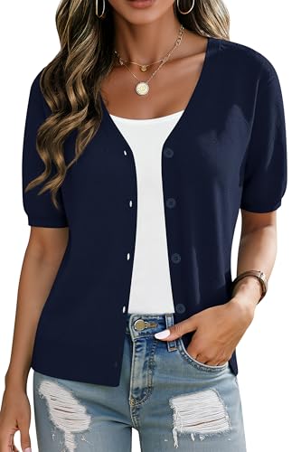 Yommay Damen Strickjacke Kurzarm Sommer Shrugs Vorne Offener Cardigans V-Ausschnitt Leichte Elegante Tops Lässig Damen Strickjacken Kurz,Marineblau,XL von Yommay