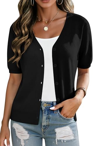 Yommay Damen Strickjacke Kurzarm Sommer Shrugs Vorne Offener Cardigans V-Ausschnitt Leichte Elegante Tops Lässig Damen Strickjacken Kurz,Schwarz,L von Yommay