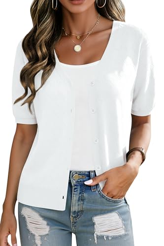 Yommay Damen Strickjacke Kurzarm Sommer Shrugs Vorne Offener Cardigans V-Ausschnitt Leichte Elegante Tops Lässig Damen Strickjacken Kurz,Weiß,XL von Yommay