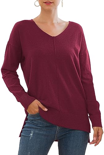 Yommay Große Größen Pullover für Damen mit V-Ausschnitt Leichtgewicht Langärmeliger Elegant Knitted Sweater Strickpullover Warme Fashion für Winter,Weinrot,3XL von Yommay