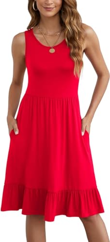 Yommay Kleider Damen Sommer Elegante Knielang A-Linie Kleid Casual Rundhals Tank Top Strandkleid mit Taschen,Rot,3XL von Yommay