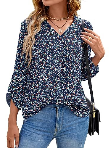 Yommay Langarm V Ausschnitt 3/4 Sleeve Oberteil Shirts Basic Casual Langarmshirts Ladies Chiffon Tops Longshirt(Flower Navy Blau,EU M) von Yommay